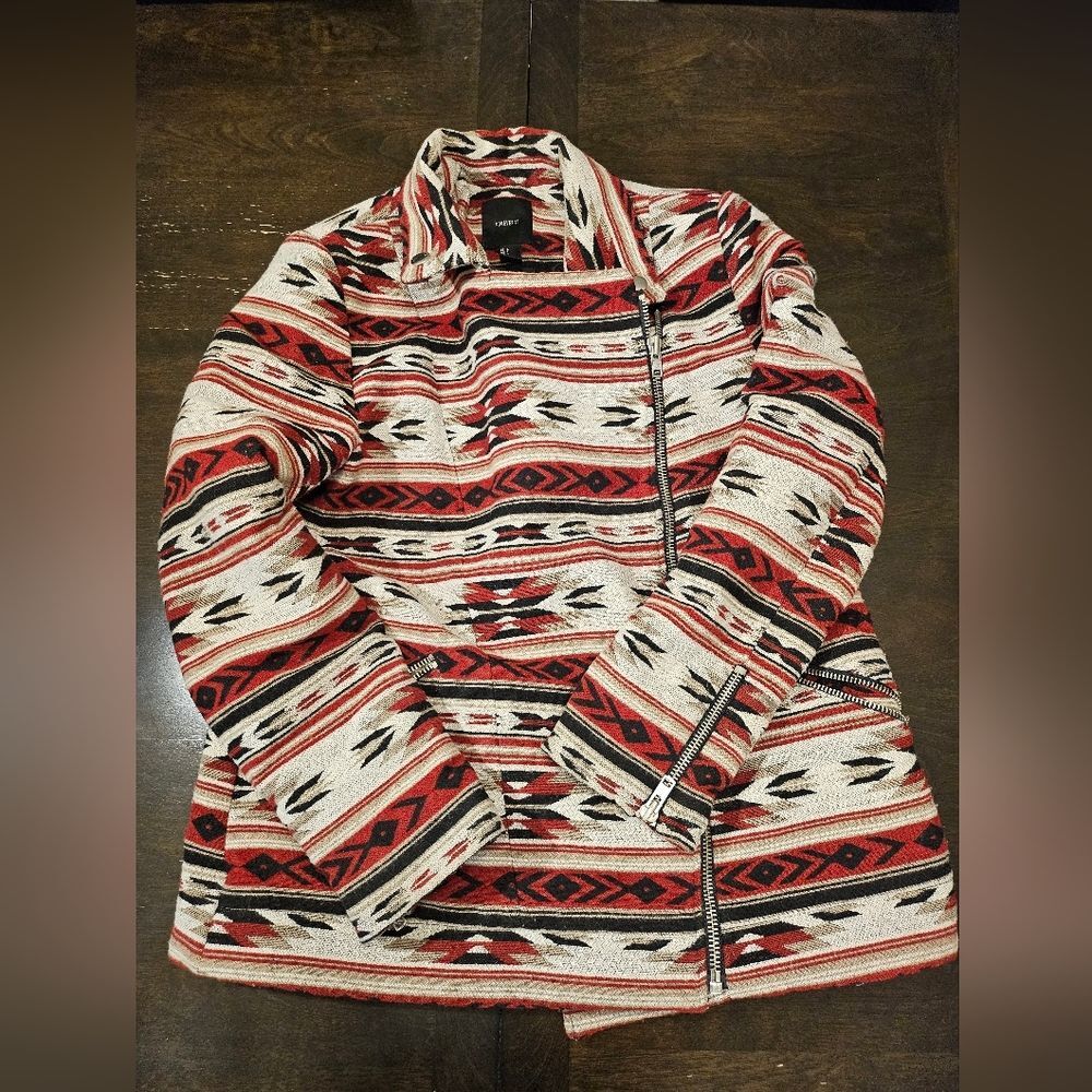 Aztec Patterned Heavy Jacket Red Black and Tan Size L
